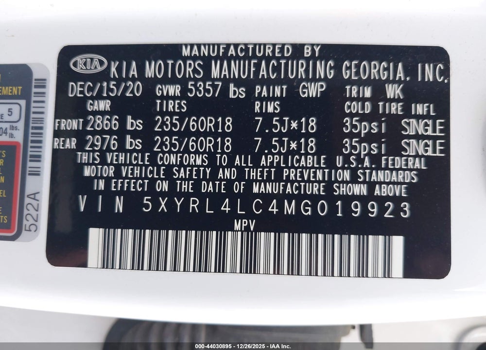 2021 KIA SORENTO S VIN: 5XYRL4LC4MG019923