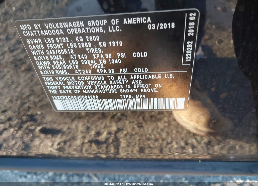 2018 VOLKSWAGEN ATLAS 3.6L V6 SE VIN: 1V2CR2CA6JC564298