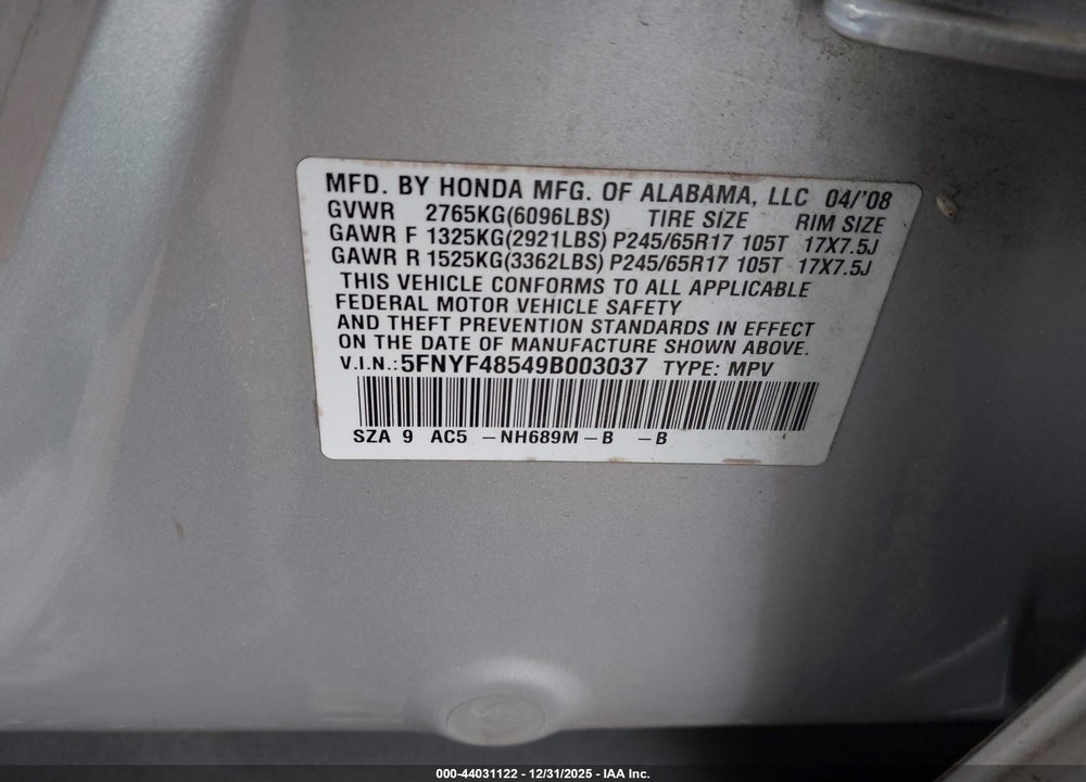 2009 HONDA PILOT EX-L VIN: 5FNYF48549B003037