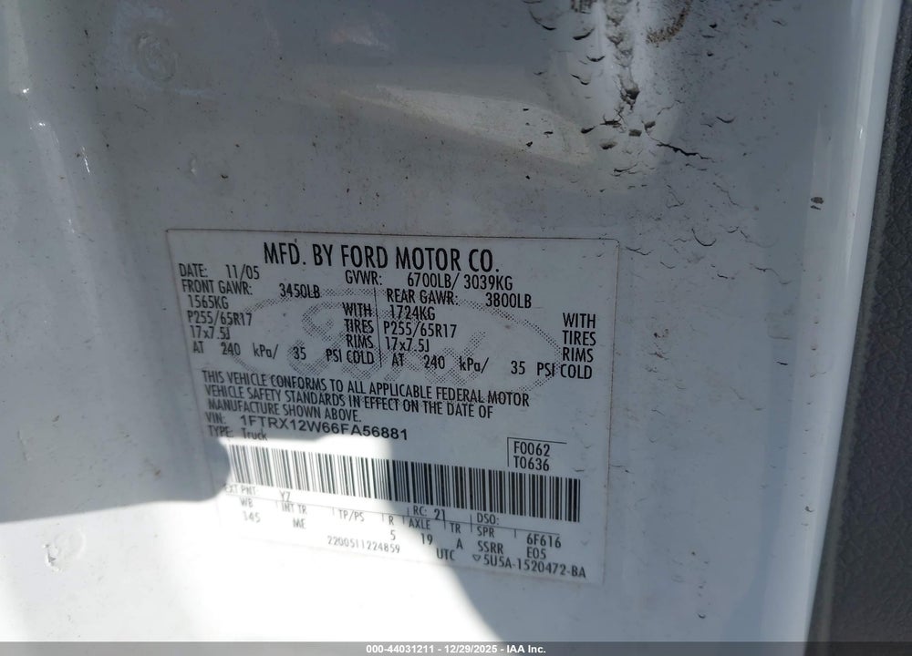 2006 FORD F-150 STX/XL/XLT VIN: 1FTRX12W66FA56881