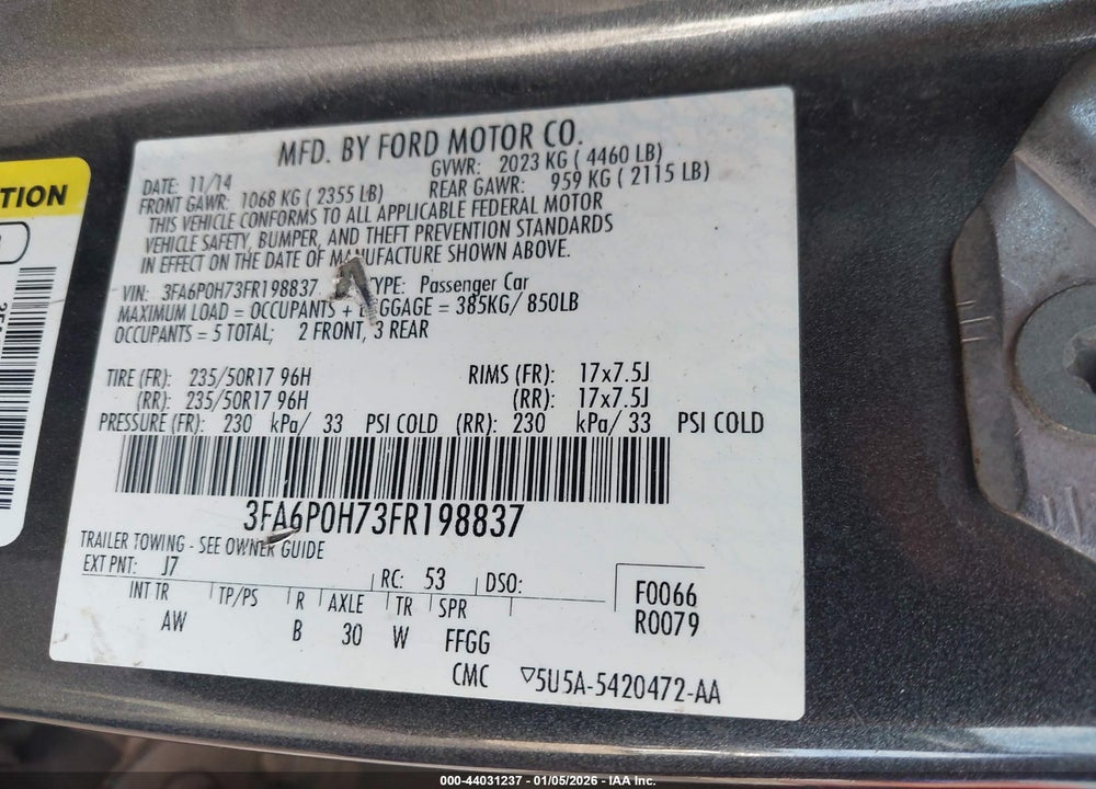 2015 FORD FUSION SE VIN: 3FA6P0H73FR198837