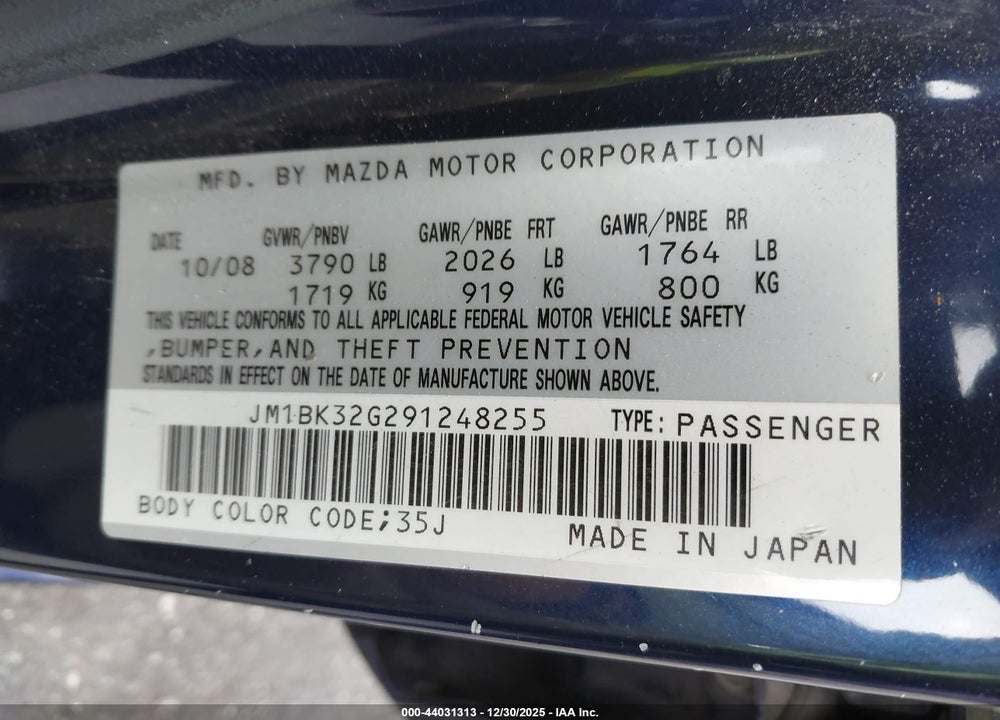 2009 MAZDA 3 I VIN: JM1BK32G291248255