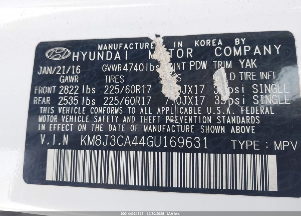 2016 HYUNDAI TUCSON SE VIN: KM8J3CA44GU169631