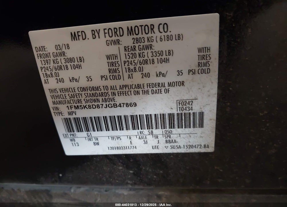 2018 FORD EXPLORER XLT VIN: 1FM5K8D87JGB47869