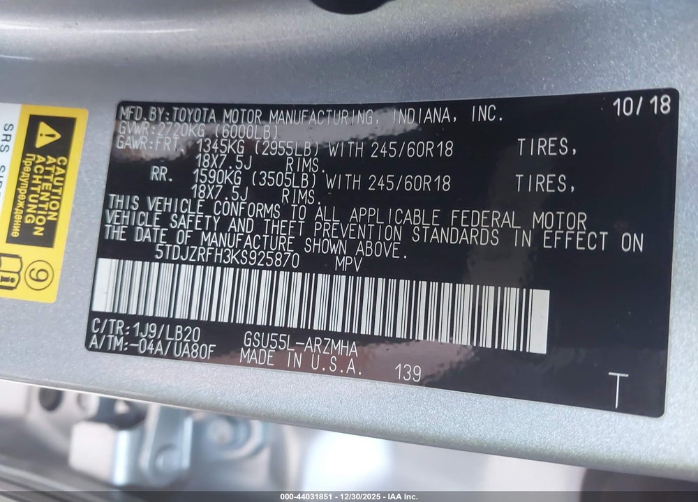 2019 TOYOTA HIGHLANDER XLE VIN: 5TDJZRFH3KS925870