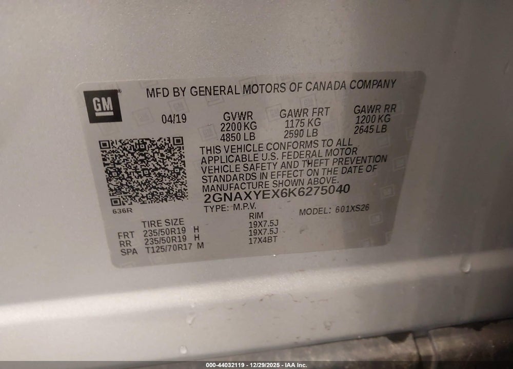 2019 CHEVROLET EQUINOX PREMIER VIN: 2GNAXYEX6K6275040