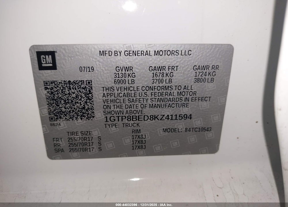 2019 GMC SIERRA 1500 SLE VIN: 1GTP8BED8KZ411594