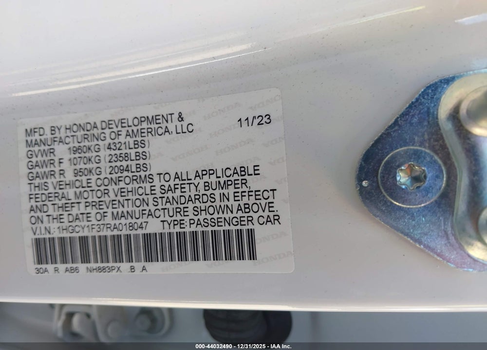 2024 HONDA ACCORD EX VIN: 1HGCY1F37RA018047