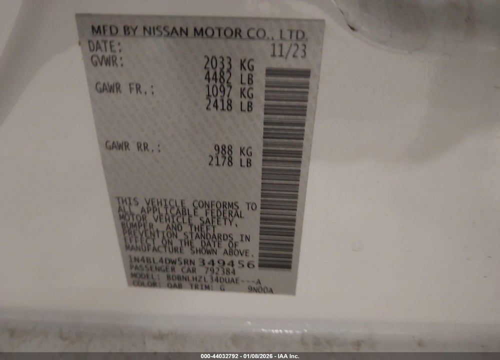 2024 NISSAN ALTIMA SV INTELLIGENT AWD VIN: 1N4BL4DW5RN349456