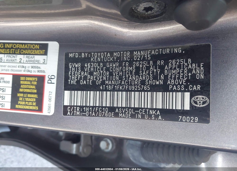 2015 TOYOTA CAMRY LE VIN: 4T1BF1FK7FU925765