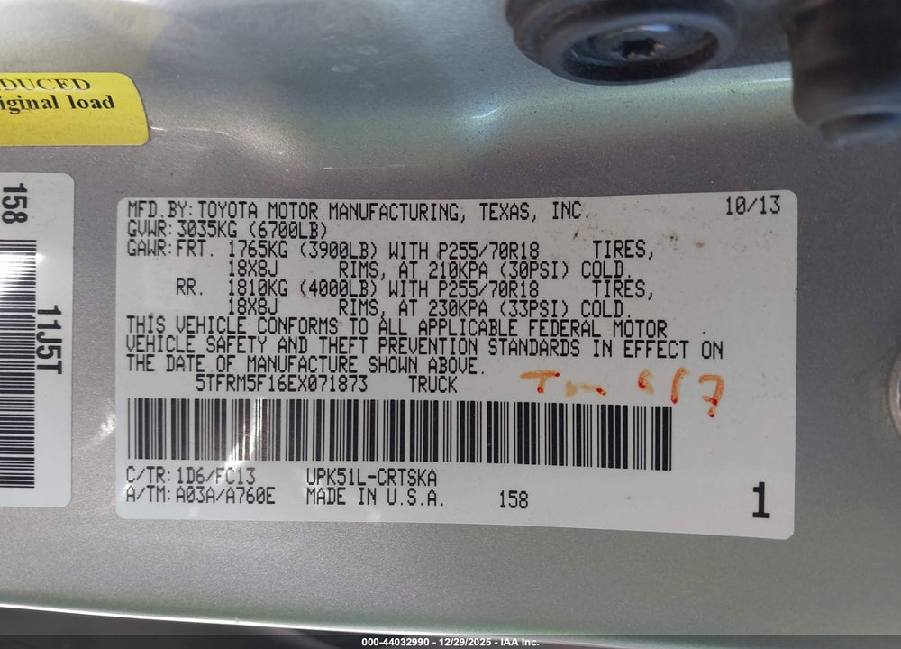 2014 TOYOTA TUNDRA SR5 4.6L V8 VIN: 5TFRM5F16EX071873