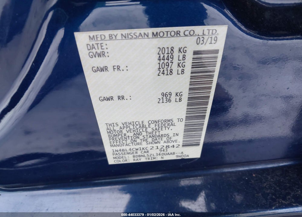 2019 NISSAN ALTIMA 2.5 SR VIN: 1N4BL4CW1KC212842