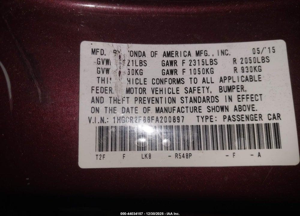 2015 HONDA ACCORD EX-L VIN: 1HGCR2F88FA200897