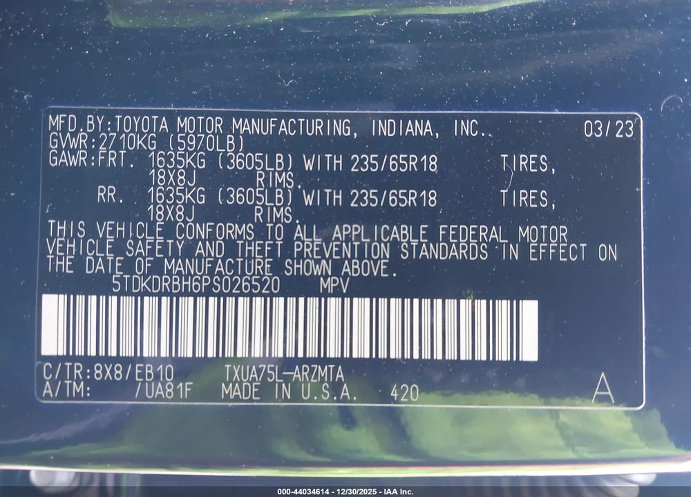2023 TOYOTA HIGHLANDER XLE VIN: 5TDKDRBH6PS026520