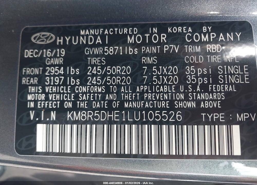2020 HYUNDAI PALISADE LIMITED VIN: KM8R5DHE1LU105526