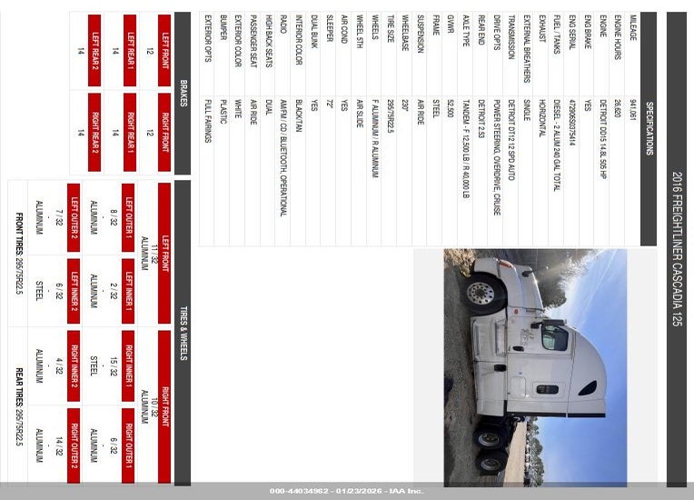 2016 FREIGHTLINER CASCADIA 125 VIN: 3AKJGLD52GSGZ9261
