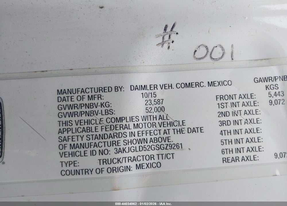 2016 FREIGHTLINER CASCADIA 125 VIN: 3AKJGLD52GSGZ9261