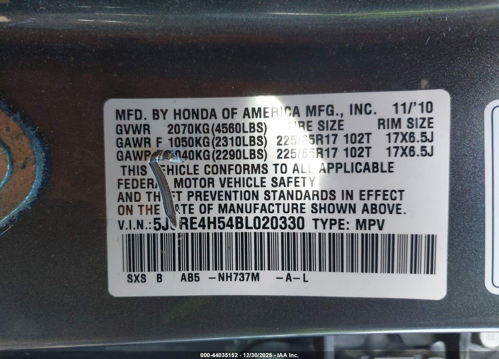 2011 HONDA CR-V EX VIN: 5J6RE4H54BL020330