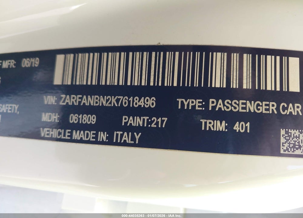 2019 ALFA ROMEO GIULIA TI SPORT AWD VIN: ZARFANBN2K7618496