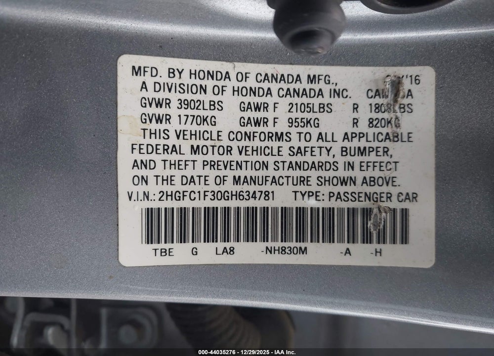 2016 HONDA CIVIC EX-T VIN: 2HGFC1F30GH634781