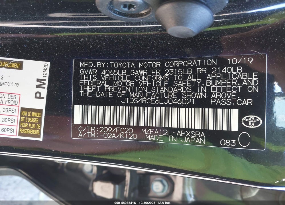 2020 TOYOTA COROLLA SE VIN: JTDS4RCE6LJ046021