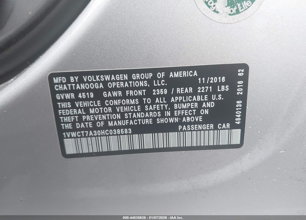 2017 VOLKSWAGEN PASSAT 1.8T SEL PREMIUM VIN: 1VWCT7A30HC038583