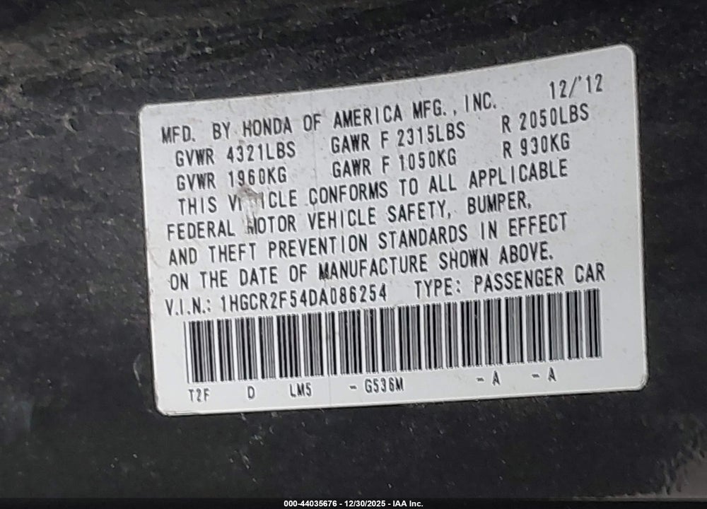 2013 HONDA ACCORD SPORT VIN: 1HGCR2F54DA086254