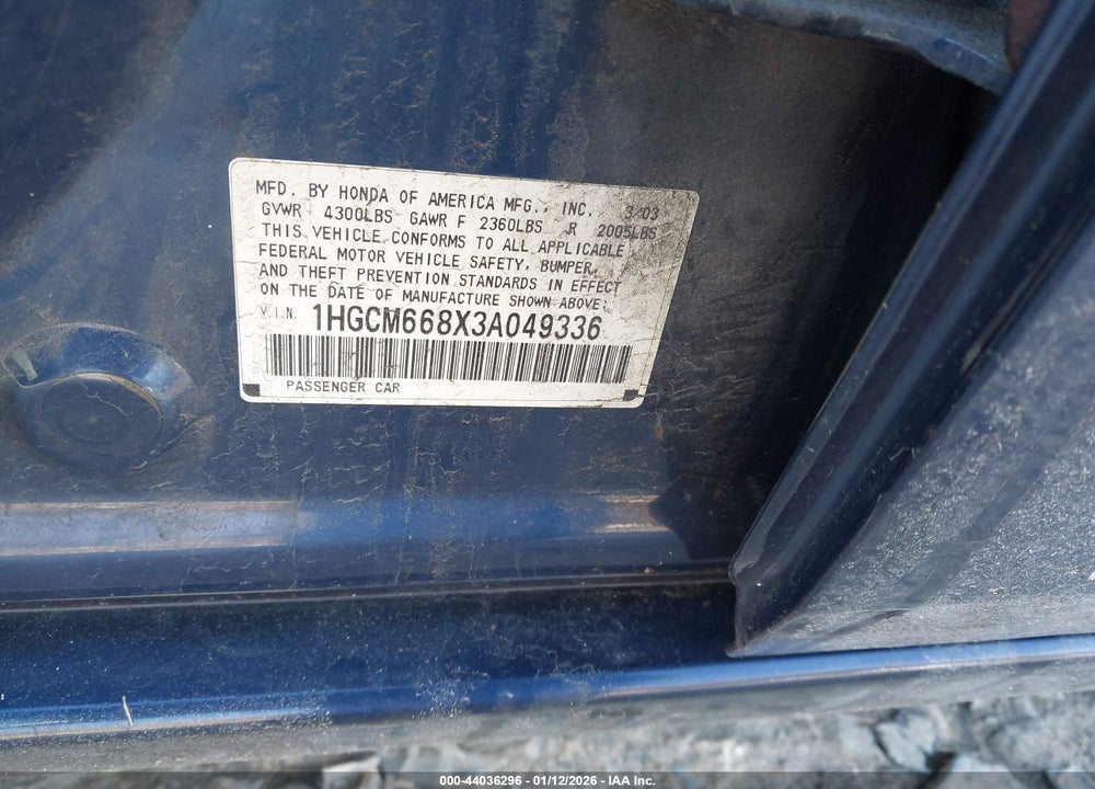 2003 HONDA ACCORD SDN EX VIN: 1HGCM668X3A049336