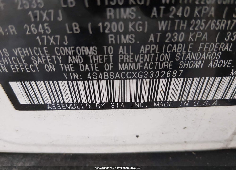 2016 SUBARU OUTBACK 2.5I PREMIUM VIN: 4S4BSACCXG3302687