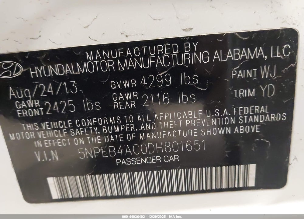 2013 HYUNDAI SONATA GLS VIN: 5NPEB4AC0DH801651