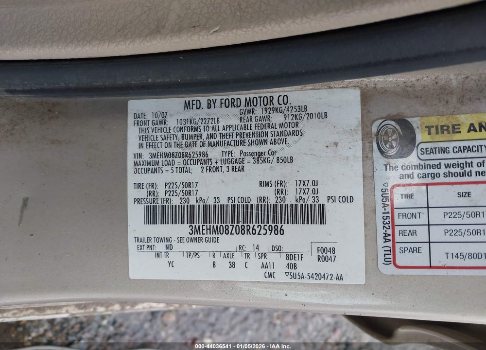 2008 MERCURY MILAN I4 PREMIER VIN: 3MEHM08Z08R625986