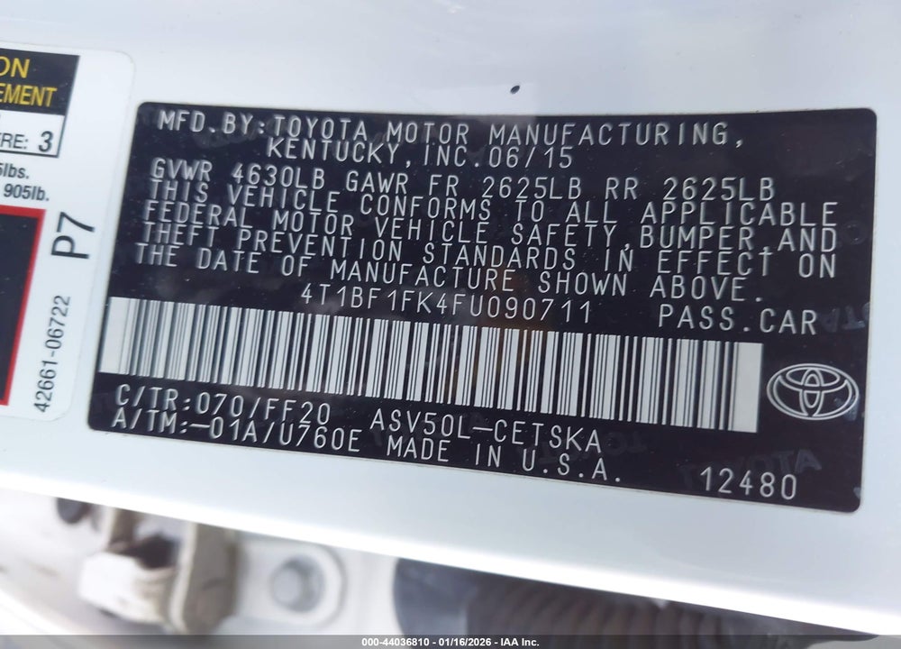 2015 TOYOTA CAMRY SE VIN: 4T1BF1FK4FU090711