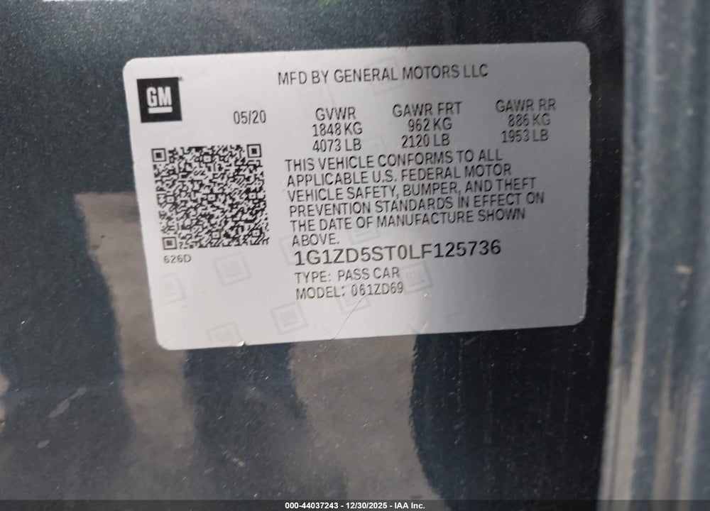 2020 CHEVROLET MALIBU FWD LT VIN: 1G1ZD5ST0LF125736