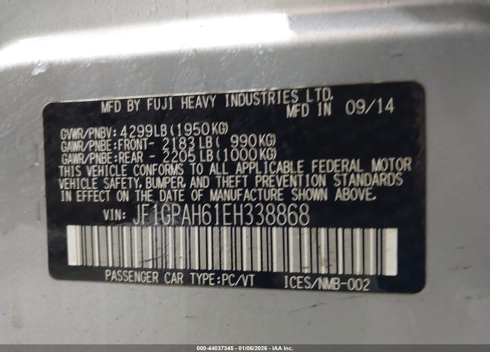 2014 SUBARU IMPREZA 2.0I LIMITED VIN: JF1GPAH61EH338868