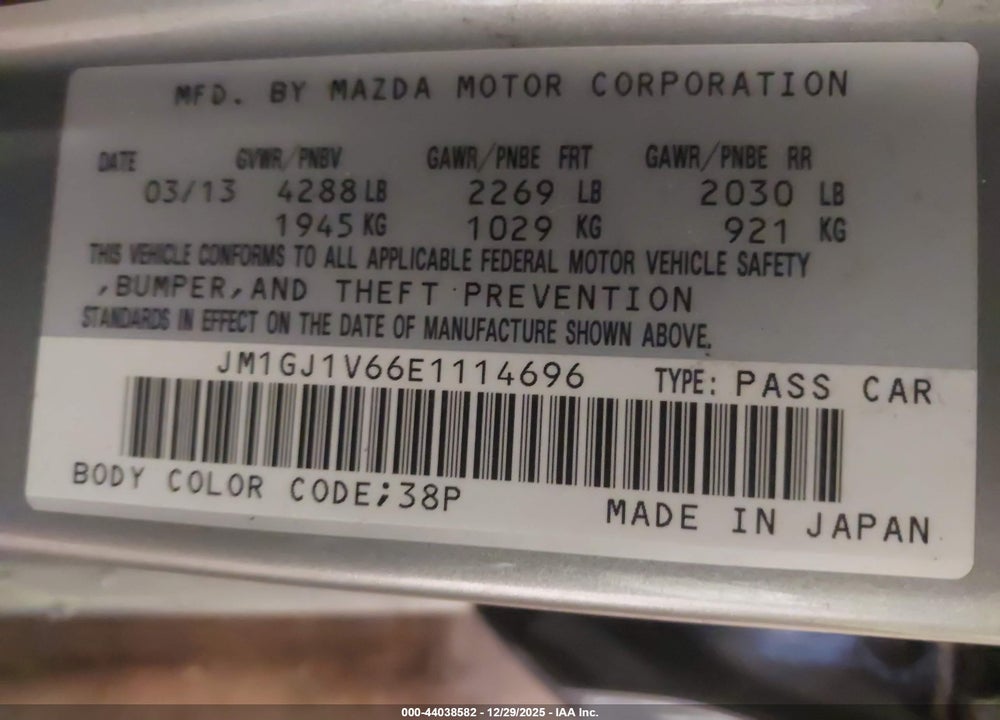 2014 MAZDA 6 I TOURING VIN: JM1GJ1V66E1114696