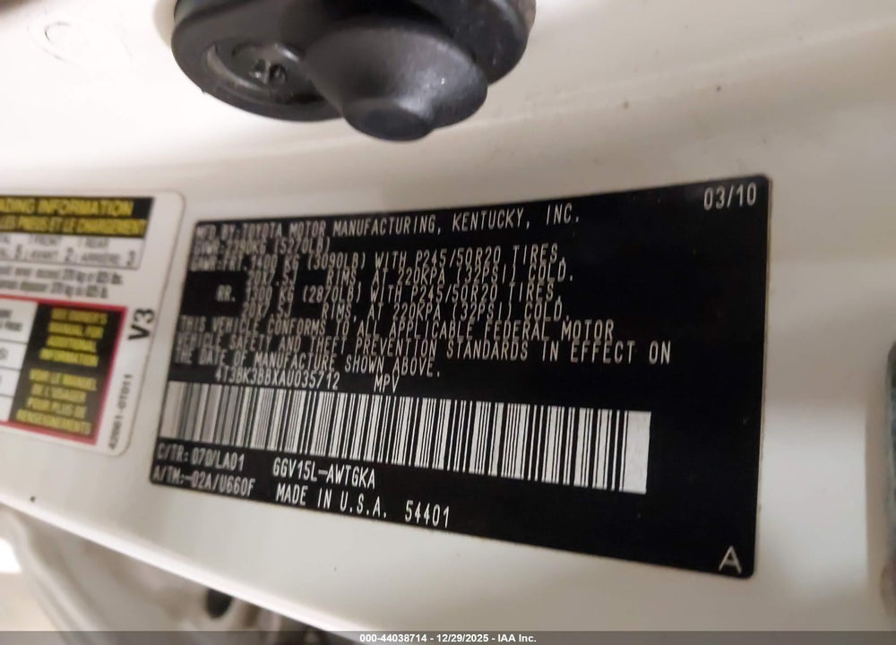 2010 TOYOTA VENZA BASE V6 VIN: 4T3BK3BBXAU035712