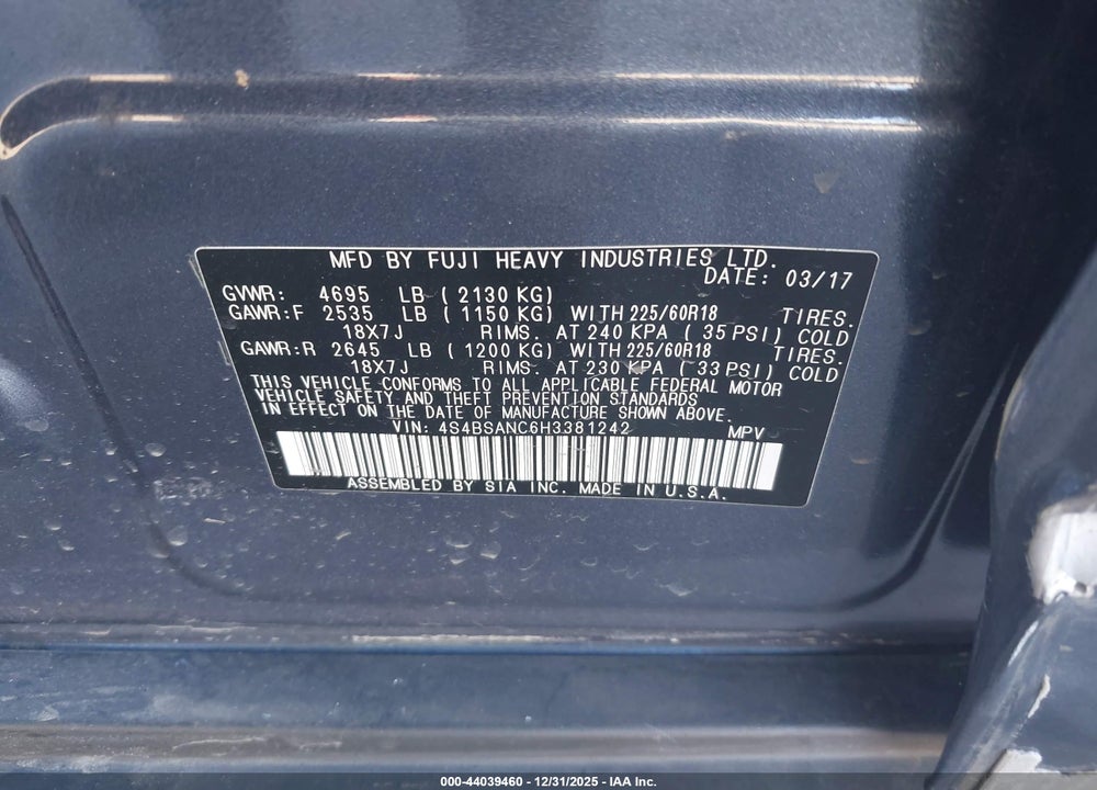 2017 SUBARU OUTBACK 2.5I LIMITED VIN: 4S4BSANC6H3381242
