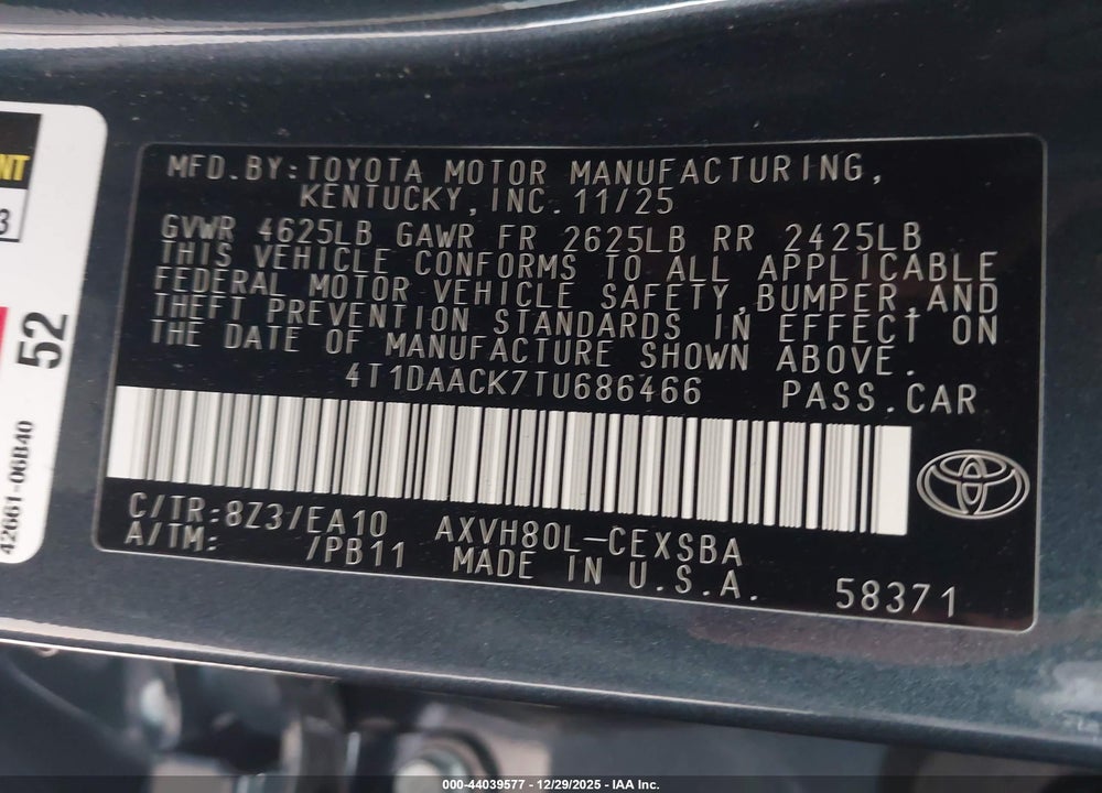 2026 TOYOTA CAMRY SE VIN: 4T1DAACK7TU686466