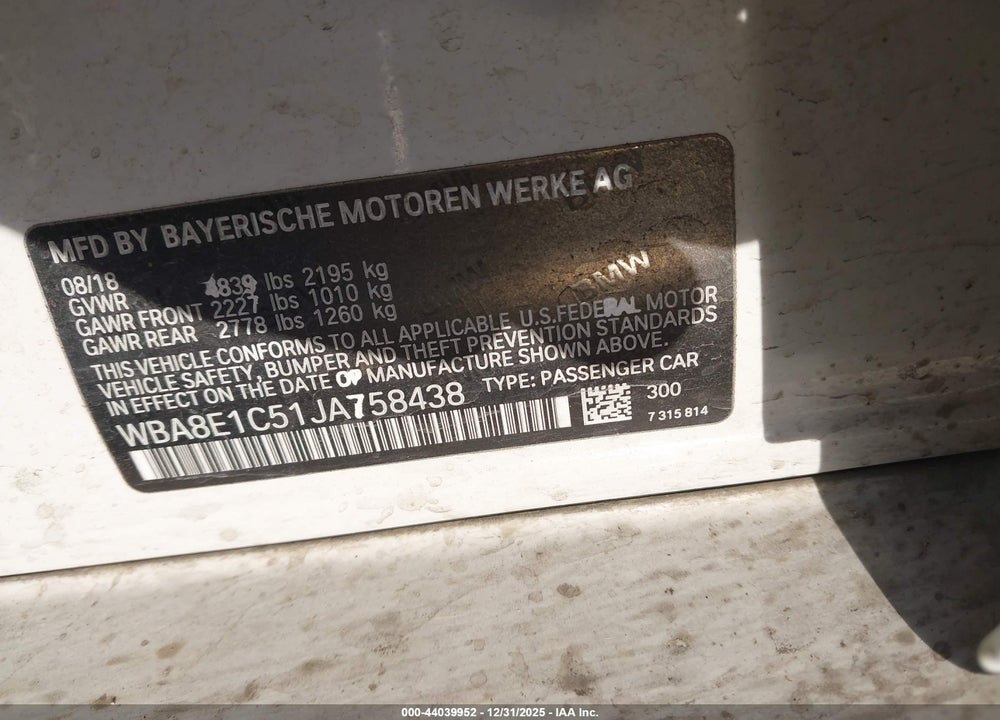 2018 BMW 330E IPERFORMANCE VIN: WBA8E1C51JA758438