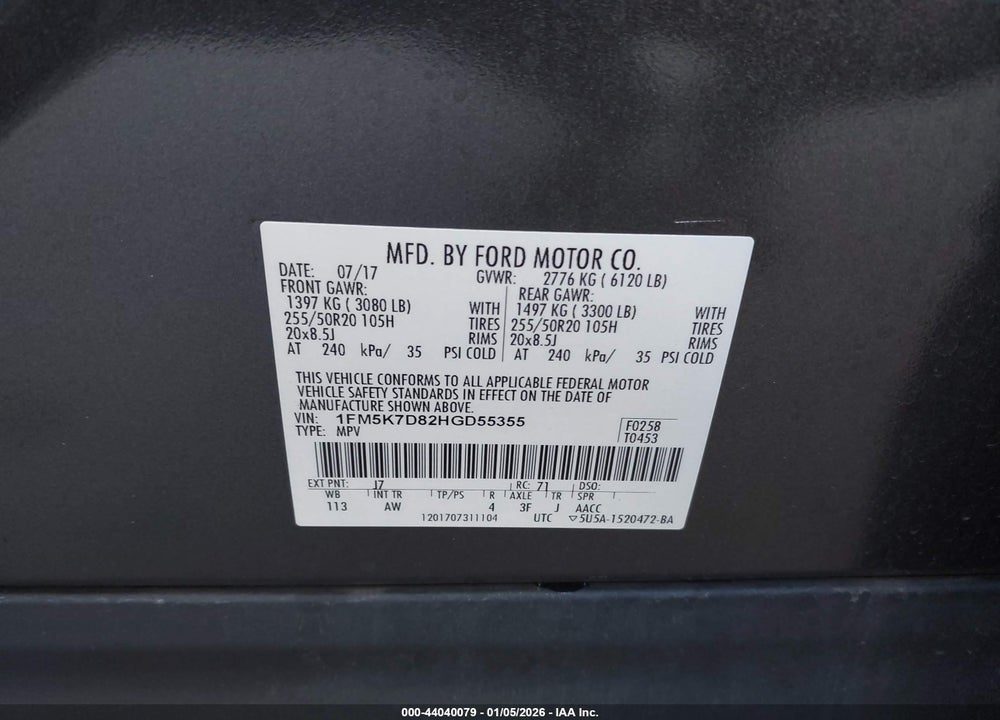 2017 FORD EXPLORER XLT VIN: 1FM5K7D82HGD55355