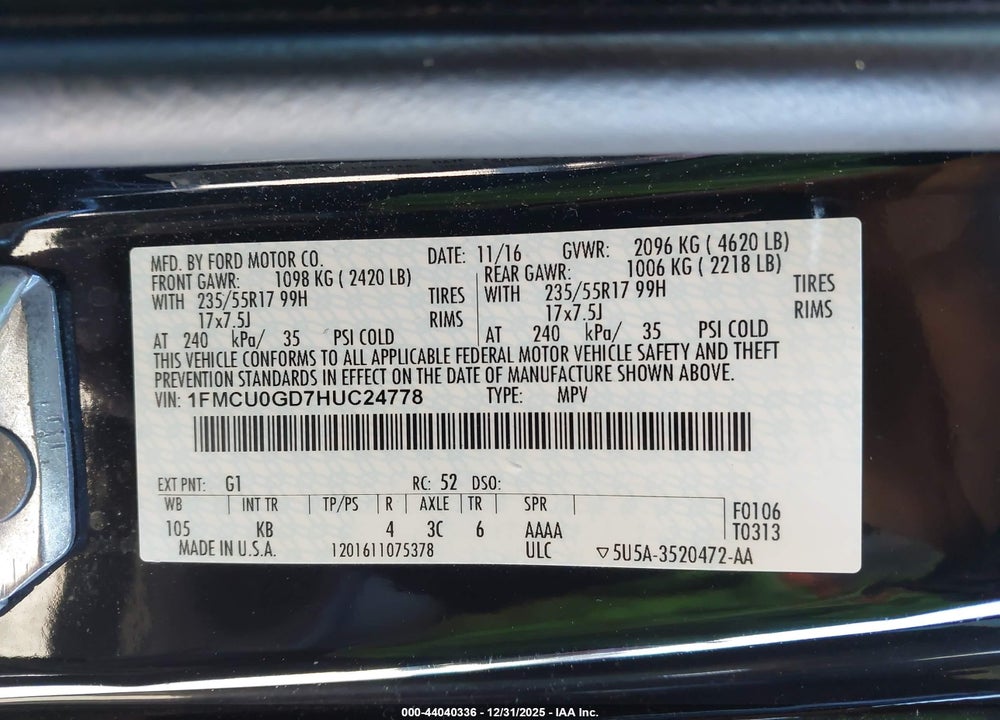 2017 FORD ESCAPE SE VIN: 1FMCU0GD7HUC24778