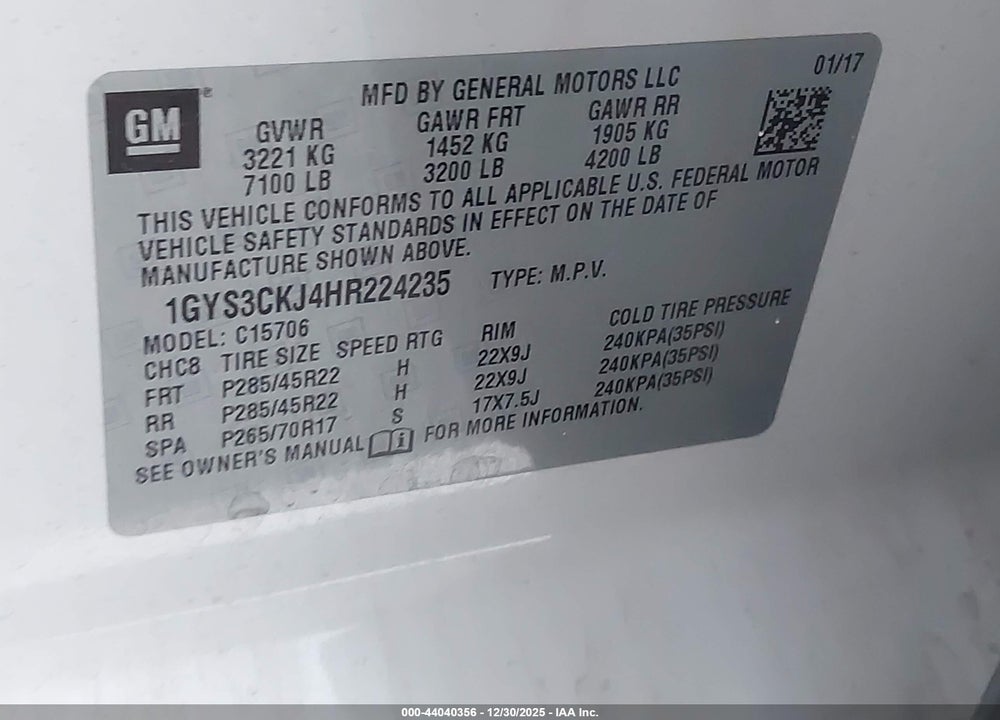 2017 CADILLAC ESCALADE PREMIUM LUXURY VIN: 1GYS3CKJ4HR224235