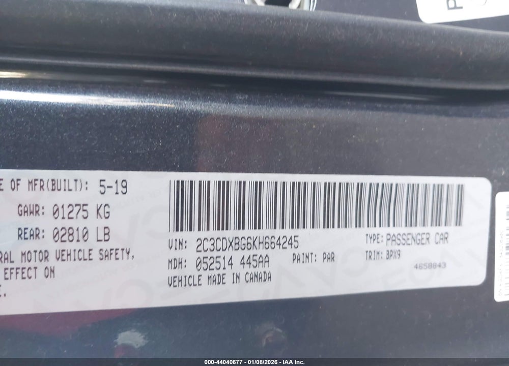 2019 DODGE CHARGER SXT RWD VIN: 2C3CDXBG6KH664245