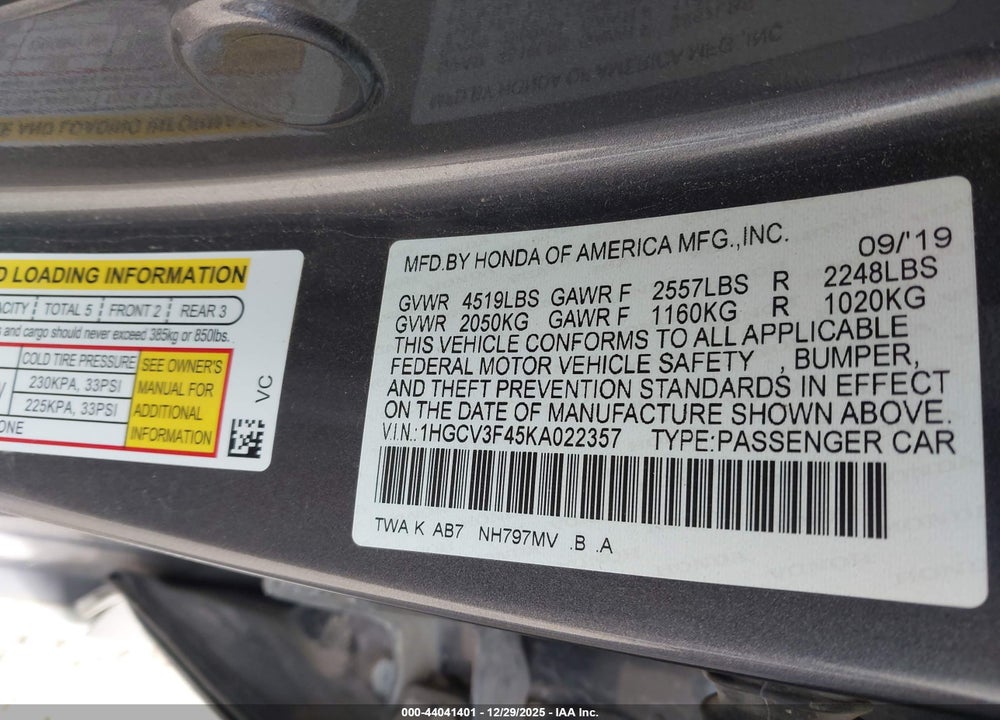 2019 HONDA ACCORD HYBRID EX VIN: 1HGCV3F45KA022357