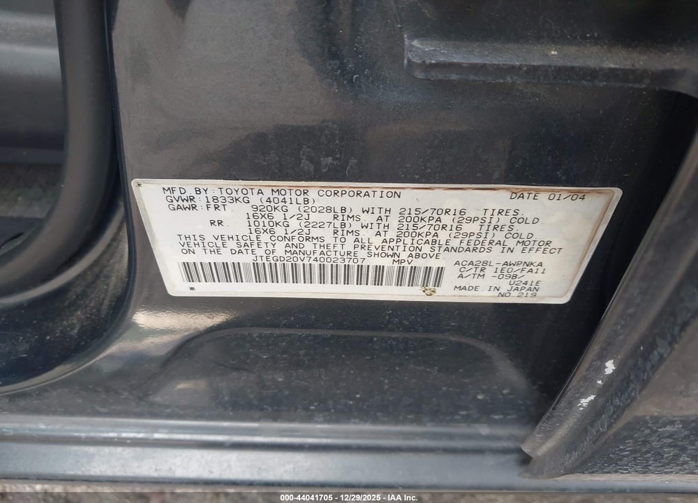 2004 TOYOTA RAV4 VIN: JTEGD20V740023707