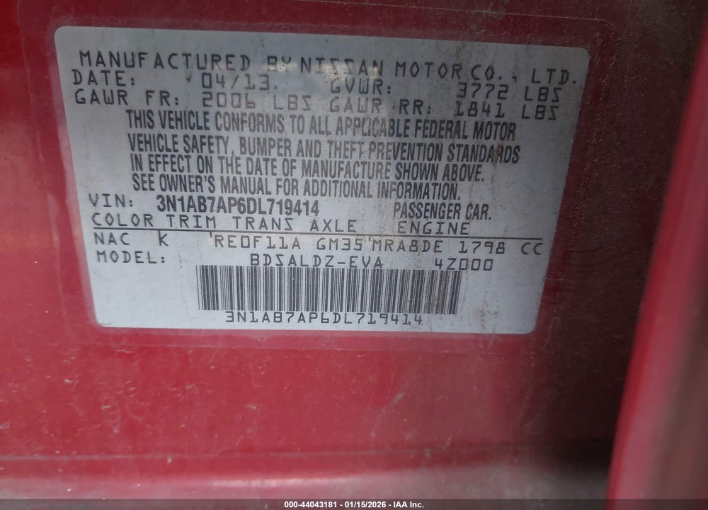 2013 NISSAN SENTRA SV VIN: 3N1AB7AP6DL719414
