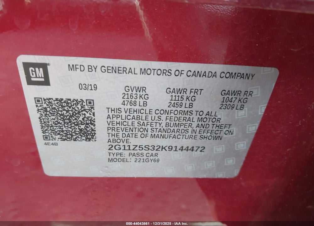 2019 CHEVROLET IMPALA LT VIN: 2G11Z5S32K9144472