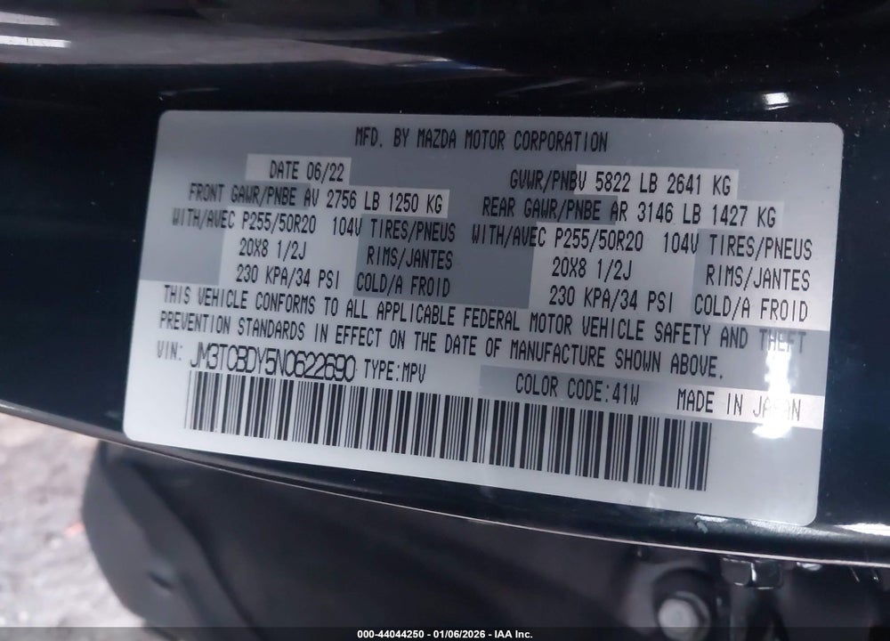 2022 MAZDA CX-9 GRAND TOURING VIN: JM3TCBDY5N0622690