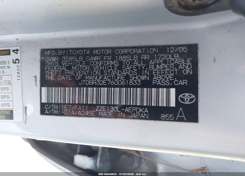 2006 TOYOTA COROLLA CE VIN: JTDBR32E760061833