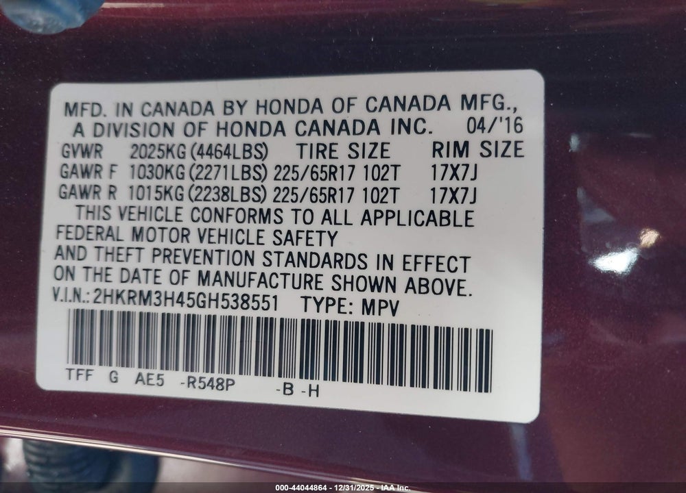 2016 HONDA CR-V SE VIN: 2HKRM3H45GH538551